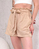 Kuşaklı keten şort bej s255265