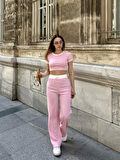 Crop pantolon biyeli takım pembe