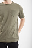 Flamlı Cepli Sıfır Yaka Trender  Erkek T-Shirt 2000 HAKİ