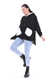 Kadın Büyük Beden Ekstra Rahat Kalıp Beyaz Cep Detaylı Siyah Sweatshirt