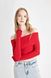 DeFacto Coool Slim Fit Dar Kesim Açık Omuz Basic Düz Triko Kazak B6537AX24WNRD106