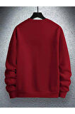 Erkek Kırmızı Paris Baskılı Bisiklet Yaka Sweatshirt