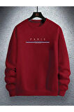 Erkek Kırmızı Paris Baskılı Bisiklet Yaka Sweatshirt