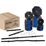 Tan Spor 100 Kg DÜZ BAR (150 cm) + Z BAR (120 cm) Dambıl Ağırlık Halter FULL Set Mavi Kapaklı