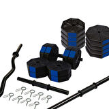 Tan Spor 70 Kg DÜZ BAR (150 cm + Z BAR ( 120 cm ) Dambıl Ağırlık  Halter  FULL SET Mavi Kapaklı