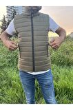 Erkek Haki Astarlı Su ve Rüzgar Geçirmez Kapitone Rahat Kesim Şişme Yelek