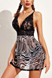 YNT Siyah Zebra Desenli Dantelli Gecelik 15588