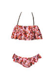 Halter Yaka Ayarlanabilir Askılı Çiçek Desenli Fırfırlı 50UV Kız Çocuk Bikini Takımı BY NESSI BYRD