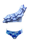 Tek Omuz Mavi Biye Detaylı Fırfırlı Yıldız Baskılı 50UV Kız Çocuk Bikini Takımı