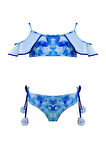 Halter Yaka Fırfırlı Yıldız Baskılı Ponpon Detaylı 50UV Kız Çocuk Bikini Takımı