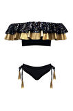 Gold Ve Simli Fırfırlı Ipli Püsküllü Siyah 50UV Kız Çocuk Bikini Takımı BY NESSI BYRD