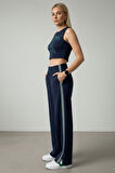 Kadın Lacivert Bol Paça Yanı Şeritli Spor Eşofman Alt- Pantolon - Kadın Eşofman Altı