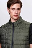Regular Fit Haki Dik Yaka Elyaf Dolgulu Mevsimlik Fermuarlı Yelek Mont 7HF07ORT42611