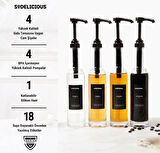 4'lü Set | 250ml Pompalı Cam Şurup Şişesi- Kahve & Kokteyl İçin, 18 Çeşit Siyah Etiket + Silikon Huni Hediyeli