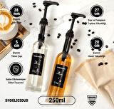 4'lü Set | 250ml Pompalı Cam Şurup Şişesi- Kahve & Kokteyl İçin, 18 Çeşit Siyah Etiket + Silikon Huni Hediyeli