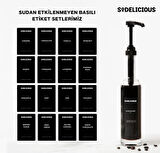 4'lü Set | 250ml Pompalı Cam Şurup Şişesi- Kahve & Kokteyl İçin, 18 Çeşit Siyah Etiket + Silikon Huni Hediyeli