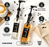 2’li Set | 250ml Pompalı Cam Şurup Şişesi- Kahve , 18 Çeşit Siyah Etiket + Silikon Huni Hediyeli