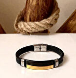 Çelik ve Deri Kombinli Çift Şeritli Erkek Bileklik 22 cm