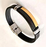 Çelik ve Deri Kombinli Çift Şeritli Erkek Bileklik 22 cm