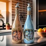 Özel Tasarım Desenli Sunum Stantlı 2'li 750 ml Zeytinyağı Sıvıyağ Şişesi Yağdanlık Yağlık