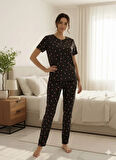 SİYAH KALPLİ KADIN PİJAMA TAKIMI