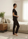 SİYAH KALPLİ KADIN PİJAMA TAKIMI