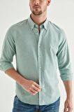 Slim Fit Yeşil Armürlü Düğmeli Yaka Pamuklu Gömlek 5HC02ORT07265