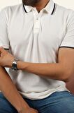 Beyaz Lacivert Yaka Çizgili Erkek Polo Yaka Tişört