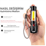 Mini Şarj Edilebilir LED El Feneri – 3 Modlu, Ayarlanabilir Zoom ve Suya Dayanıklı Hafif Tasarım!