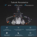 3xT6 Şarjlı Kafa Feneri | 3 LED | 6800mAh 2 Adet 18650 Pil | Su Geçirmez | Araba & Prizden Şarj | Kamp Av Farı