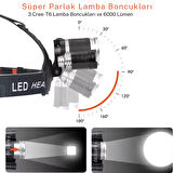 3xT6 Şarjlı Kafa Feneri | 3 LED | 6800mAh 2 Adet 18650 Pil | Su Geçirmez | Araba & Prizden Şarj | Kamp Av Farı