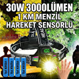 Yedek Pilli  30W Sensörlü Kafa Lambası - Dijital Şarj Göstergeli, 3000 Lümen, Type-C Şarjlı Su Geçirmez