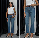 Kadın Likrasız Yüksek Bel Kesik Paça Boyfit Denim Jean Kot Pantolon