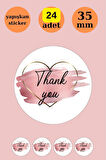 24 Adet - Thank You Kalpli Pembe Gold Sticker - Teşekkür Sticker - Teşekkür Etiket- Yuvarlak Sticker