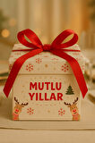 Yılbaşı Hediye Kutusu - Geyikli Beyaz Mutlu Yıllar - Yılbaşı Hediye - Kurdeleli Yılbaşı Süsü 1 Adet
