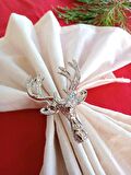 6 Adet Lux Gümüş Geyikli Peçete Halkası - Napkin Ring - Yılbaşı Süsü