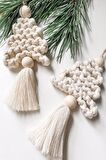 2 Adet Handmade Ekru Makrome Çam Ağacı Duvar & Ağaç Süsü