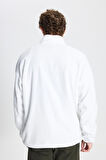 Erkek Beyaz Oversize Bol Kesim Bato Yaka Cep Detaylı Fermuarlı Soğuk Geçirmez Polar Sweatshirt