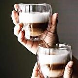 2 li Çift Cidarlı Kupa Fincan 250 ml Çift Katmanlı Cam Bardak