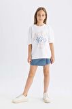 DeFacto Kız Çocuk Oversize Fit Bisiklet Yaka 3D Baskılı Kısa Kollu Tişört C5462A824SMWT34
