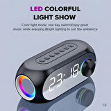 Dijital Alarmlı Saat, Bluetooth Uyumlu Şarjlı Stereo Hoparlör, S8 RGB Kablosuz Led Ayna Ekran  Işıklı Müzik Çalar MP3 Fm Ev Ofis için Şarj Edilebilir 