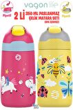 Vagonlife 2'Lİ SET 350 ML Çocuk Pipetli Çelik Matara Paslanmaz Çelik Termos 5 Farklı Renk 2055-350ML