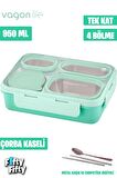 Vagonlife Lunch Box 950 ML Paslanmaz Çelik Tek Kat Dört Bölmeli Çorba Kaseli Metal Kaşıklı-FFLBOX7099