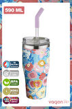 Vagonlife Tumbler Özel Desenli Cup 590 ML Vakumlu Paslanmaz Çelik Termos Pipetli/Rahat İçim -FFVGN1001-590ML