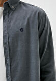 Erkek Kadife Gömlek GRİ %100 Pamuk Düğmeli Yaka Slim Fit Logo Detaylı Gömlek NCS JEANS 7980
