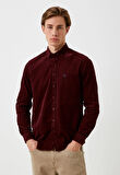 Erkek Kadife Gömlek BORDO %100 Pamuk Düğmeli Yaka Slim Fit Logo Detaylı Gömlek NCS JEANS 7980