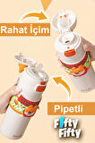 DILLER 480 ML Tek Kapak Çift Kullanım Pipetli/Pipetsiz Taşıma Kulplu Vacum Cup/Çelik Termos -FFD9231