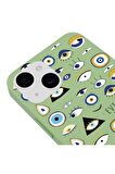 iPhone 14 Silikon Özel Tasarım Nazar Evil Eyes Üçgen Gözler Yeşil Renkli Telefon Kılıfı