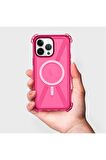 iPhone 13 Pro Max Magsafe Kablosuz Şarj Özellikli Mıknatıslı Transparan Şeffaf Pembe Renkli Kılıf