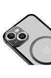 iPhone 14 Magsafe Kablosuz Şarj Özellikli Kamera Korumalı Şeffaf Siyah Renkli Kılıf